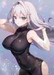  1girl alice_gear_aegis arm_behind_head bare_shoulders black_bodysuit blush bodysuit breasts closed_mouth clothing_cutout commentary_request covered_navel covered_nipples grey_hair hair_between_eyes hand_up highres kakerayuri kondou_chieri large_breasts long_hair purple_eyes skin_tight sleeveless sleeveless_bodysuit smile solo thigh_cutout 
