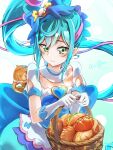  1girl aqua_hair artist_name blue_dress blush clear_glass_(mildmild1311) commentary_request cure_spicy delicious_party_precure dress earrings eyelashes food fuwa_kokone gloves gradient_background green_eyes hair_ornament happy high_side_ponytail highres jewelry long_hair looking_at_viewer magical_girl multicolored_hair pam-pam_(precure) pink_hair ponytail precure side_ponytail signature smile solo standing streaked_hair twitter_username white_gloves 