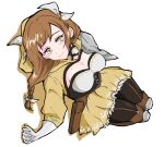  black_corset braid braided_ponytail breasts brown_hair corset fire_emblem fire_emblem_engage goldmary_(fire_emblem) highres hooded_top large_breasts low_ponytail mole mole_on_breast oda32t ribbon single_shoulder_pad skirt white_ribbon yellow_eyes yellow_skirt 