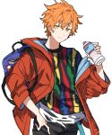  1boy absurdres black_pants black_shirt blonde_hair blue_bag bottle closed_mouth highres holding holding_bottle hoshi-toge jacket looking_at_viewer multicolored_hair orange_jacket pants project_sekai shinonome_akito shirt simple_background solo streaked_hair water_bottle white_background yellow_eyes 