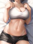  1girl absurdres asanagi_shion azur_lane baltimore_(azur_lane) baltimore_(black_ace)_(azur_lane) bare_shoulders bed_sheet black_shorts breasts brown_hair cleavage collarbone commentary_request cowboy_shot groin hands_up head_out_of_frame highres large_breasts lying midriff navel navel_focus official_alternate_costume on_back shadow short_hair short_shorts shorts sidelocks solo sports_bra sportswear taut_clothes white_sports_bra 