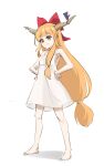  1girl absurdres bad_hands bare_arms bare_legs bare_shoulders barefoot blonde_hair bow breasts cleavage closed_mouth collarbone dress full_body hair_bow hand_on_own_hip highres horn_ornament horn_ribbon horns ibuki_suika long_hair low-tied_long_hair oeyama oni oni_horns orange_eyes orange_hair red_ribbon ribbon short_dress sidelocks sketch sleeveless sleeveless_dress small_breasts smile solo spaghetti_strap standing sundress touhou very_long_hair white_background white_dress 