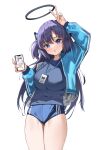  1girl :o absurdres arm_up blue_archive blue_buruma blue_eyes blue_jacket breasts buruma cellphone cellphone_picture commentary cowboy_shot gym_shirt gym_uniform hair_between_eyes halo highres id_card jacket kagemoe1003 lanyard light_blush long_hair looking_at_viewer mechanical_halo medium_breasts official_alternate_costume open_clothes open_jacket phone purple_hair shirt simple_background smartphone solo track_jacket v white_background yuuka_(blue_archive) yuuka_(track)_(blue_archive) 