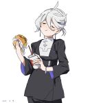  1girl ahoge blush bracelet burger closed_eyes cup dated disposable_cup earrings eating fast_food food formal grey_hair gundam gundam_suisei_no_majo highres holding holding_cup holding_food jewelry miorine_rembran solo takatisakana upper_body white_background 