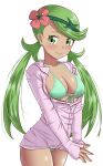  1girl absurdres bikini blush breasts closed_mouth collarbone commentary_request cowboy_shot eyelashes flower green_bikini green_eyes green_hair hair_flower hair_ornament headband highres jacket long_hair looking_at_viewer maho_(corotonton5150) mallow_(pokemon) own_hands_together partially_unzipped pink_flower pink_jacket pokemon pokemon_(game) pokemon_sm raised_eyebrows simple_background smile solo steepled_fingers swept_bangs swimsuit swimsuit_under_clothes twintails white_background 