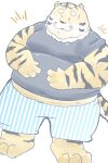  2023 anthro belly big_belly black_nose bodily_fluids clothing dain_4201 dot_eyes felid hi_res kemono male mammal overweight overweight_male pantherine shirt solo sweat tiger topwear underwear yellow_body 