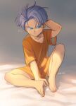  1boy artist_name barefoot blue_eyes dragon_ball dragon_ball_z fingernails grey_hair highres legs male_child male_focus messy_hair norun orange_shirt shirt short_sleeves solo t-shirt toenails toes trunks_(dragon_ball) 