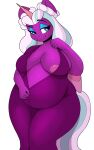  5_fingers ahobobo anthro anthrofied areola belly big_breasts blue_eyes blue_eyeshadow braided_hair breasts equid equine eyeshadow female fingers fur hair hasbro hi_res horn huge_breasts makeup mammal mlp_g5 my_little_pony nipples opaline_(mlp) pink_areola pink_nipples pregnant pregnant_female purple_body purple_fur simple_background smile white_background winged_unicorn wings 