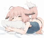  1girl =_= ahoge animal_ears arknights black_panties blue_shirt brown_hair fox_ears fox_girl fox_tail hugging_object panties pillow pillow_hug shirt short_hair simple_background sleep_bubble solo sussurro_(arknights) tail underwear unitedunti white_background 