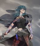  1girl 91007 arm_guards artist_name black_shorts blood blood_in_hair blood_on_clothes blood_on_face blood_on_weapon blue_eyes blue_hair breasts byleth_(female)_(fire_emblem) byleth_(fire_emblem) cape closed_mouth dagger fire_emblem fire_emblem:_three_houses floating_cape frown grey_cape highres holding holding_sword holding_weapon knife legs_apart medium_breasts medium_hair navel pantyhose pantyhose_under_shorts red_pantyhose shorts solo split_mouth standing sword weapon 