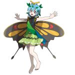  1girl absurdres antennae aqua_hair asatsuki_(fgfff) barefoot beautifly butterfly_wings commentary_request dress eternity_larva fairy full_body green_dress hair_between_eyes happy highres leaf leaf_on_head looking_at_viewer multicolored_clothes multicolored_dress open_mouth orange_eyes outstretched_arms parody pokemon short_hair short_sleeves smile solo spread_arms style_parody sugimori_ken_(style) teeth touhou transparent_background upper_teeth_only wings 