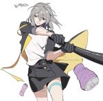  ahoge bandaid bandaid_on_arm bare_legs baseball_bat black_gloves black_jacket black_skirt breasts closed_mouth english_commentary gloves grey_hair hair_between_eyes highres holding holding_baseball_bat honkai:_star_rail honkai_(series) jacket long_sleeves manboygxg medium_hair open_clothes open_jacket shirt simple_background skirt small_breasts smirk solo stelle_(honkai:_star_rail) thigh_strap trailblazer_(honkai:_star_rail) v-shaped_eyebrows white_background white_shirt yellow_eyes 