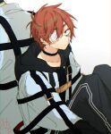  2boys black_choker black_hoodie black_pants brown_eyes brown_hair choker closed_mouth expressionless eyepatch grey_background highres hood hood_down hoodie jacket kajiyama_fuuta kao_ru05 male_focus milgram mukuhara_kazui multiple_boys pants red_hair sitting straitjacket sweatpants white_jacket 