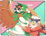  accessory anthro archer bandai_namco beak blue_eyes brown_body brown_feathers claws crossover decidueye digimon digimon_(species) duo feathers generation_7_pokemon hawkmon headband hi_res hood male nintendo pokemon pokemon_(species) talons thatsquirrelly wings yellow_eyes 