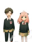  1boy 1girl :o absurdres aged_up ahoge anya_(spy_x_family) arms_at_sides black_pants brown_hair brown_necktie child collared_shirt damian_desmond dress ducartoon eden_academy_school_uniform feet_out_of_frame green_eyes hairpods hand_in_pocket highres long_hair long_sleeves looking_at_viewer necktie open_mouth pants pink_hair school_uniform shirt short_hair simple_background spy_x_family thighhighs white_background white_thighhighs 