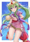  1girl absurdres alternate_eye_color dress fire_emblem green_hair hair_ornament hako_momiji highres jewelry long_hair open_mouth pink_dress pointy_ears ponytail purple_eyes scarf short_dress side_slit simple_background solo tiara tiki_(fire_emblem) tiki_(young)_(fire_emblem) 