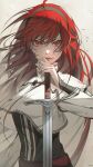  1girl absurdres black_headwear black_socks blood blood_on_face cape eris_greyrat hand_on_hilt high_collar highres long_hair looking_at_viewer mushoku_tensei red_eyes red_hair signature socks solo sword upper_body wangza weapon white_cape 