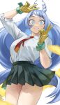  1girl absurdres black_socks blue_eyes blue_hair boku_no_hero_academia closed_mouth collared_shirt double_v drill_hair energy fengling_(furin-jp) gloves green_skirt hadou_nejire hair_horns hands_up highres kneehighs light_blue_hair long_hair looking_at_viewer miniskirt necktie red_necktie school_uniform shirt shirt_tucked_in simple_background skirt smile socks solo twin_drills u.a._school_uniform uniform v white_background white_shirt yellow_gloves 