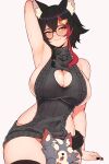  1girl animal_ear_fluff animal_ears arm_up armpits arms_behind_head between_legs black_hair black_nails black_sweater blush breasts brown_eyes cleavage_cutout clothing_cutout cowboy_shot glasses highres hololive huge_breasts miofa_(ookami_mio) multicolored_hair ookami_mio red_hair round_eyewear simple_background sleeveless sleeveless_sweater solo streaked_hair sweat sweater turtleneck turtleneck_sweater varniskarnis virtual_youtuber white_background wolf_ears 