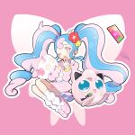 1girl bull_sprite_(pokemon) cardigan cellphone earrings fairy_miku_(project_voltage) fish_sprite_(pokemon) flower fossil_sprite_(pokemon) hair_flower hair_ornament hatsune_miku highres jewelry jigglypuff leg_warmers legs_together long_hair marie_(marie_cookie222) multicolored_hair nail_polish one_eye_closed phone pink_cardigan pink_footwear pink_nails pokemon pokemon_(creature) project_voltage twintails two-tone_hair very_long_hair vocaloid yawning 