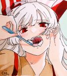  1boy 1girl blunt_bangs blush bow brushing_another&#039;s_teeth commentary_request fujiwara_no_mokou hair_bow hand_on_another&#039;s_face holding holding_toothbrush looking_at_viewer mokoiscat open_mouth pov pov_hands red_eyes shirt suspenders sweat teeth toothbrush touhou upper_body uvula white_hair 