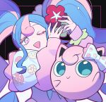  1girl :d blue_hair bow commentary_request eyelashes fairy_miku_(project_voltage) flower hair_flower hair_ornament hatsune_miku jigglypuff long_hair long_sleeves multicolored_hair nail_polish one_eye_closed open_mouth pink_hair pink_nails pink_sweater pokemon pokemon_(creature) project_voltage sasa_kado_(redbluemoon74) scrunchie smile sweater teeth twintails two-tone_hair upper_teeth_only vocaloid wrist_scrunchie 