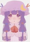  1girl :o blunt_bangs blush capelet commentary_request crescent crescent_hat_ornament cropped_torso hair_ribbon hat hat_ornament highres long_hair looking_at_viewer mob_cap multi-tied_hair nose_blush parted_lips patchouli_knowledge pudding_modoki purple_eyes purple_hair ribbon simple_background solo touhou tress_ribbon upper_body white_background 