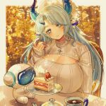  1girl animal_ears autumn_leaves blue_eyes blue_hair blue_horns breast_rest breasts breasts_on_table cake cake_slice chair cleavage cleavage_cutout clothing_cutout commission cow_ears cow_girl cow_horns cup earrings food fruit grey_sweater hair_ornament hairclip horns indie_virtual_youtuber jewelry kokuzu large_breasts long_hair miilkywayz mole mole_under_mouth pearl_earrings ribbed_sweater robot second-party_source skeb_commission sleeves_past_wrists sparkling_eyes strawberry sweater table teacup teapot tree upper_body 