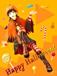  1girl arm_support black_skirt boots braid brown_eyes buckle candy candy_cane candy_wrapper capelet dated food frown game_console grin happy_halloween highres knee_up kohji leaning_back ling_shen_hua lollipop looking_at_viewer open_hand open_mouth orange_background orange_capelet patterned_background print_shirt pumpkin pumpkin_hat sega_dreamcast shenmue shenmue_iii shirt signature skirt smile solo striped striped_sleeves striped_thighhighs swept_bangs swirl_lollipop thighhighs thighhighs_under_boots thighs triangle twin_braids two-tone_background wide_sleeves zipper 