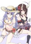  2girls arm_support bare_shoulders barefoot belt bikini black_bikini blue_eyes bracelet braid breasts broken_horn brown_hair cleavage closed_mouth eriko_(princess_connect!) eriko_(summer)_(princess_connect!) flower hair_flower hair_ornament hand_on_headwear hat hat_flower hibiscus highres horns jewelry long_hair looking_at_viewer medium_breasts multiple_girls navel necklace o-ring o-ring_bikini open_mouth pendant_choker princess_connect! purple_eyes purple_hair sekiya_kuzuyu shaded_face shawl shizuru_(princess_connect!) shizuru_(summer)_(princess_connect!) short_hair sitting smile straw_hat swimsuit thigh_strap twin_braids v_arms white_background white_bikini 