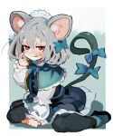  1girl adapted_costume animal_ears blush full_body gothic_lolita grey_hair half-closed_eyes highres jitome lolita_fashion mouse_ears mouse_tail nazrin pantyhose red_eyes sitting solo tail touhou wariza yoshiyuki_(14330975) 