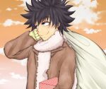  1boy black_hair brown_jacket closed_mouth cloud cloudy_sky commentary_request grey_eyes hand_up holding jacket kamijou_touma light_blush long_sleeves orange_sky scarf shin_(highest1192) short_hair sky smile spiked_hair toaru_majutsu_no_index upper_body white_scarf winter_clothes 