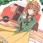  1girl blush braid brown_hair chewing closed_eyes closed_mouth crown_braid dress eating fate/grand_order fate_(series) food food_on_face green_jacket hairband holding holding_food jacket motor_vehicle official_alternate_costume shimogamo_(shimomo_12) side_braid solo tree truck van_gogh_(city_where_dreams_are_born)_(fate) van_gogh_(fate) yellow_dress yellow_hairband 