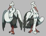  2022 anthro apron apron_lift avian beak big_breasts bird black_body black_feathers bombirdier breasts clothed clothing clothing_lift duo eyes_closed feather_tuft feathers female generation_9_pokemon hood long_beak long_neck nintendo painted_claws pokemon pokemon_(species) red_beak simple_background small_waist spread_wings standing stork sugata1616 tail_feathers talons thick_thighs tuft white_body white_feathers wide_hips wings 