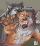  2022 5_fingers anthro beard bodily_fluids brown_eyes canid canine canis claws digital_media_(artwork) duo facial_hair fingers fur grey_background grey_body grey_fur hi_res human male mammal oldwerewolf one_eye_closed open_mouth saliva simple_background teeth tongue transformation white_body white_fur wolf 