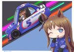  1girl absurdres animal_ears black_gloves blue_eyes blue_jumpsuit blush car chevrolet chevrolet_camaro chibi crossover driving from_side gloves grass_wonder_(umamusume) hand_on_own_cheek hand_on_own_face highres horse_ears horse_girl jumpsuit motor_vehicle nascar one_eye_closed racing_suit sakusan_(ss-awesome) solo umamusume vehicle_focus 