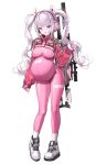  1girl :d absurdres alice_(nikke) animal_ear_headphones animal_ears big_belly blush bodysuit breasts commentary cropped_jacket dduck_kong fake_animal_ears flatculture full_body gloves goddess_of_victory:_nikke grey_hair groin gun gun_on_back headphones headset highres inflation jacket long_hair long_sleeves looking_at_viewer medium_breasts official_art pigeon-toed pink_bodysuit pink_eyes pink_gloves pink_headphones pregnant puffy_long_sleeves puffy_sleeves red_jacket ribbed_legwear rifle scope self-upload shoes simple_background sleeves_past_wrists smile sniper_rifle socks solo tachi-e third-party_edit twintails very_long_hair weapon weapon_on_back white_background white_footwear white_socks 