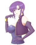  1girl bare_shoulders breasts dress earrings elbow_gloves fire_emblem fire_emblem:_the_blazing_blade from_side gloves hand_on_own_face hand_on_own_hip hoop_earrings jewelry kanro_fe looking_at_viewer mature_female medium_breasts open_mouth parted_lips purple_eyes purple_hair short_hair sideboob sleeveless sleeveless_dress smile solo upper_body ursula_(fire_emblem) white_background wristband 
