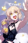  1girl alternate_costume animal armpits artoria_pendragon_(fate) black_dress black_ribbon blonde_hair breasts cavall_the_2nd cleavage closed_mouth commentary_request dog dress eating echo_(circa) fate/grand_order fate_(series) hair_between_eyes hair_ribbon long_hair medium_breasts open_mouth ponytail ribbon saber_alter short_dress strapless strapless_dress teeth tongue upper_teeth_only white_dog yellow_eyes 