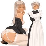  1girl apron ass blonde_hair blush butt_crack dark_skin frills garter_belt garter_straps high_heels highres hime_cut kneeling long_hair looking_at_viewer maid maid_headdress original panties partially_undressed smile solo standing thighhighs throtem underwear white_panties white_thighhighs yellow_eyes 