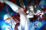  1girl black_hair bracelet breasts cleavage forehead_jewel fur_trim holding holding_whip horn_ornament horns jewelry large_breasts leg_up long_hair long_sleeves looking_at_viewer niko_(azurite) pointy_ears skull smile solo thighs thunderbolt_fantasy very_long_hair whip wide_sleeves xing_hai 