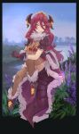  1girl breasts cleavage closed_mouth dragalia_lost dragon_girl dragon_horns dragon_tail full_body fur_trim gloves hair_between_eyes highres horns kaphrin long_bangs long_hair looking_at_viewer mym_(dragalia_lost) outdoors puffy_short_sleeves puffy_sleeves red_eyes red_hair short_sleeves smile solo tail thighhighs 