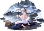  1girl absurdres artist_request azur_lane back barefoot blue_kimono breasts bucket feet grey_hair hair_ornament hair_scrunchie highres holding holding_towel japanese_clothes joffre_(azur_lane) joffre_(sublime_elysium)_(azur_lane) kimono kneeling lantern large_breasts legs long_hair looking_at_viewer looking_back naked_towel non-web_source official_art onsen open_mouth outdoors parted_lips ponytail red_eyes scrunchie shoulder_blades sideboob sitting snow soles solo stone_lantern toes towel wariza water wooden_bucket yukata 