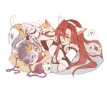  1girl animal_ears arm_warmers artist_name ball bare_shoulders bebseo bell belt black_belt cat cat_ears cat_tail claws facial_mark fake_animal_ears hand_on_own_cheek hand_on_own_face heart katarina_(league_of_legends) kitty_cat_katarina league_of_legends lying on_side parted_lips pillow poro_(league_of_legends) red_hair scar scar_across_eye simple_background sleeveless tail whisker_markings white_background yarn yarn_ball yellow_eyes yuumi_(league_of_legends) 