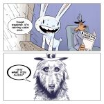 2023 anthro canid canine canis chair clothed clothed/nude clothing comic dialogue domestic_dog dot_eyes dress_shirt duo english_text frown fur furniture hat headgear headwear hi_res holding_object how_hungry... humor inside jacket lagomorph male mammal max_(sam_and_max) meme newspaper novumave nude open_mouth open_smile raining sam_and_max samuel_dog shirt simple_background sitting smile standing suit teeth text tongue topwear tuft water window 