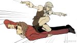  1boy 1girl ace_attorney ascot brown_hair closed_eyes commentary_request emphasis_lines ezui finger_to_head flying franziska_von_karma grey_hair hair_intakes highres miles_edgeworth on_one_knee on_person outstretched_arms parody red_suit short_hair sky_surfing suit weibo_logo weibo_username 