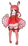  1girl bird_girl bird_tail bird_wings blunt_bangs bow bowtie brown_hair frilled_sleeves frills fur_collar hair_bobbles hair_ornament head_wings ise_(0425) kemono_friends long_sleeves looking_at_viewer mary_janes multicolored_hair pink_fur pink_skirt pleated_skirt red_eyes red_footwear red_hair red_shirt red_thighhighs scarlet_ibis_(kemono_friends) shirt shoes short_twintails sidelocks skirt solo tail thighhighs twintails wings yellow_bow yellow_bowtie zettai_ryouiki 