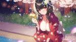  1girl absurdres apple_caramel black_hair blurry blurry_background blush breasts cleavage closed_mouth commentary_request commission copyright_request depth_of_field fireworks floral_print highres holding_fireworks japanese_clothes kimono large_breasts long_hair looking_at_viewer pixiv_commission print_kimono red_eyes red_kimono senkou_hanabi signature smile solo sparkler squatting tree virtual_youtuber yukata 