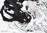  2boys allen_walker barefoot black_hair black_jacket body_markings boots chain closed_eyes cuffs d.gray-man facial_mark falling_feathers foot_out_of_frame full_body grey_pants hair_between_eyes hand_on_own_shoulder handcuffs highres jacket jewelry kanda_yuu long_hair long_jacket male_focus marking_on_cheek multiple_boys pants parted_lips pelvic_curtain pendant red_eyes shirt sleeveless sleeveless_shirt tsukini_shigure waist_cape white_hair white_pants white_shirt 