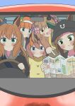  5girls alternate_costume animal_ears aoi_tenjiku aqua_eyes black_headwear black_jacket blue_bow blue_eyes blush bow brown_eyes brown_hair car dashcam driving ear_bow ear_covers fur-trimmed_jacket fur_trim green_eyes hair_bow hairband highres hime_cut holding holding_map horse_ears horse_girl ines_fujin_(umamusume) jacket long_hair map maruzensky_(umamusume) mihono_bourbon_(umamusume) mirror motor_vehicle multiple_girls nigekiri_sisters_(umamusume) orange_hair pink_bow pointing pout purple_bow seatbelt silence_suzuka_(umamusume) single_ear_cover sitting smart_falcon_(umamusume) smile steering_wheel sweater twintails umamusume visor_cap wavy_hair white_hairband yellow_sweater 